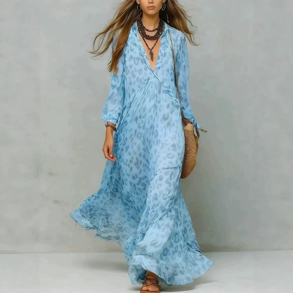 Women's Leopard Print Chiffon Deep V-Neck Flared Maxi Dress | Three-Quarter Sleeve Beach Vacation Dress