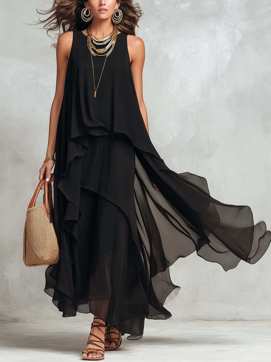 Black Asymmetrical Chiffon Maxi Dress – Flowy Sleeveless Boho A-Line Long Dress for Women