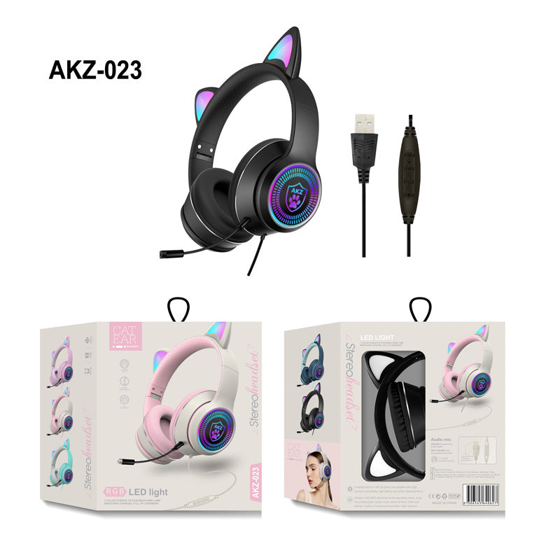 AKZ-023 Nuevos auriculares con cable y orejas de gato luminosas RGB USB con tarjeta de sonido para juegos y aprendizaje