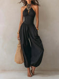 Women's Halter Neck Sleeveless Jumpsuit | Slim Casual Wide-Leg Jumpsuit in Black