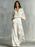 Women's Deep V-Neck Zipper Top & Wide Leg Pants Two-Piece Set