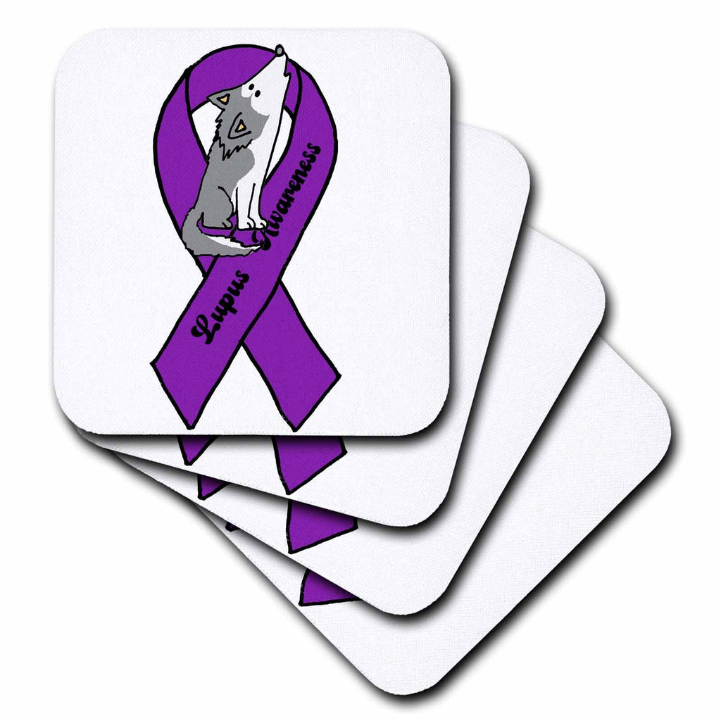 3dRose Cool Purple Ribbon and Wolf Lupus Support and Awareness - Coasters (cst-362938)