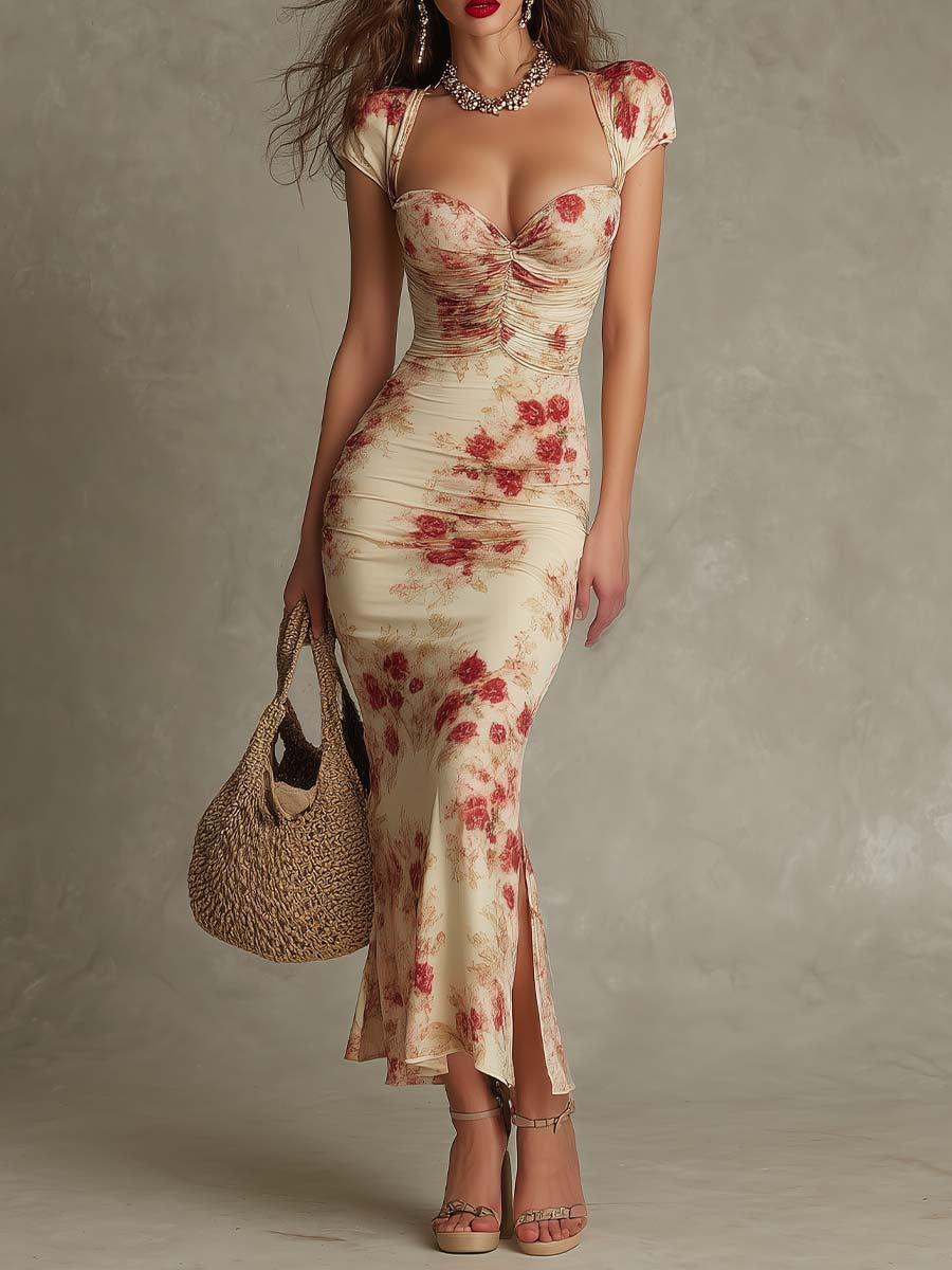 Women's Vintage Printed Sweetheart Neck Bodycon Midi Dress