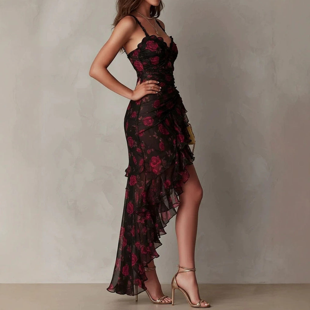 Women's Floral Print Strap Ruffle Hem A-Line Midi Dress — High-Waist Sundress