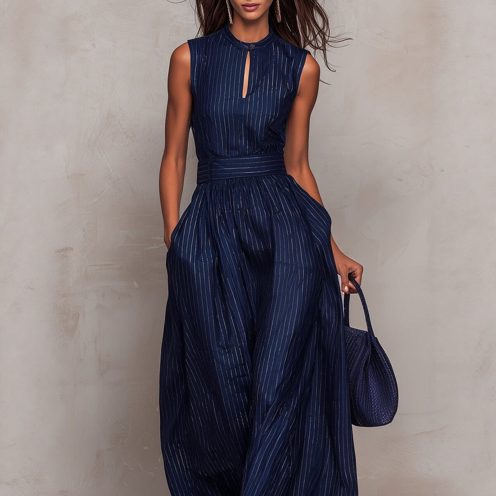 Women's Navy Blue Striped Sleeveless Wide-Leg Jumpsuit — High-Waist French Style