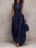 Women's Navy Blue Striped Sleeveless Wide-Leg Jumpsuit — High-Waist French Style