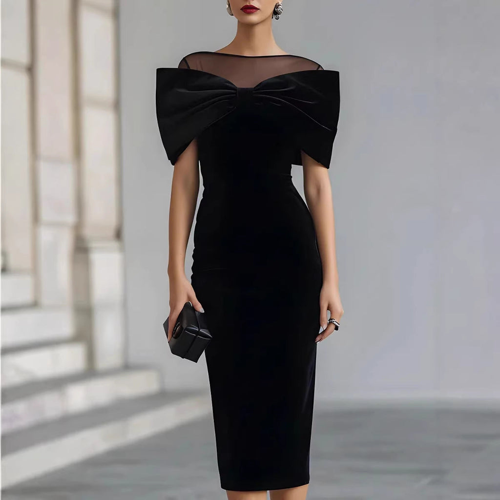 One-Shoulder Velvet Gold Thread Dress – Elegant Midi Dress in Black & Red