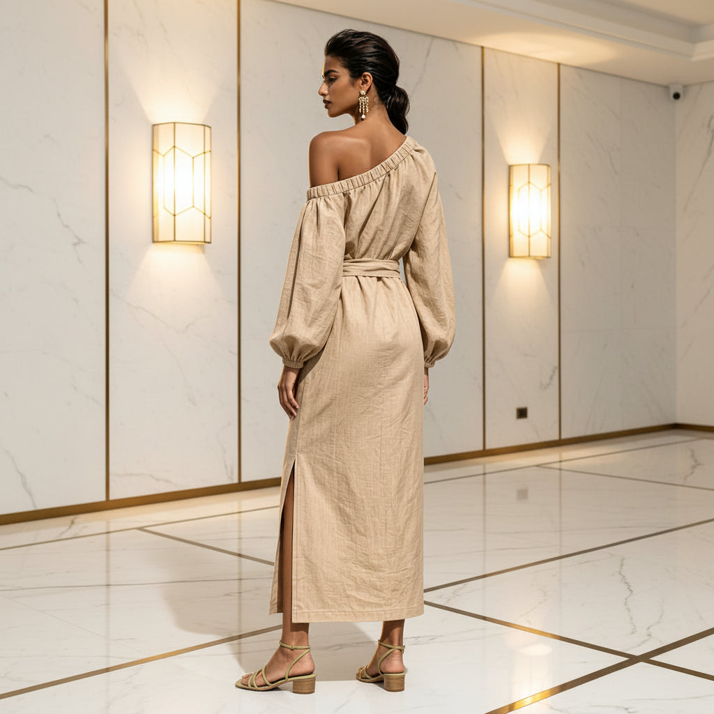 Women's Asymmetric Neck Linen Maxi Dress – Belted with Side Slit & Pockets