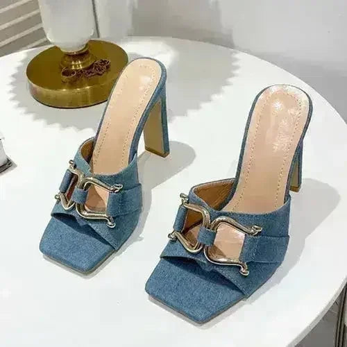 Zapatos de tacón alto de mujer de verano con punta cuadrada y tacón plano cuadrado con meta