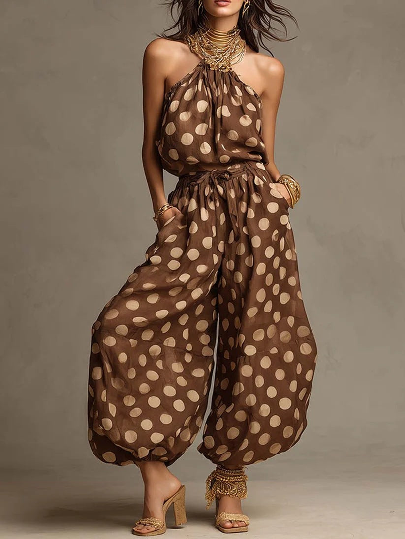 Women's Polka Dot Halter Neck Wide-Leg Jumpsuit | Boho Beach Vacation Jumpsuit