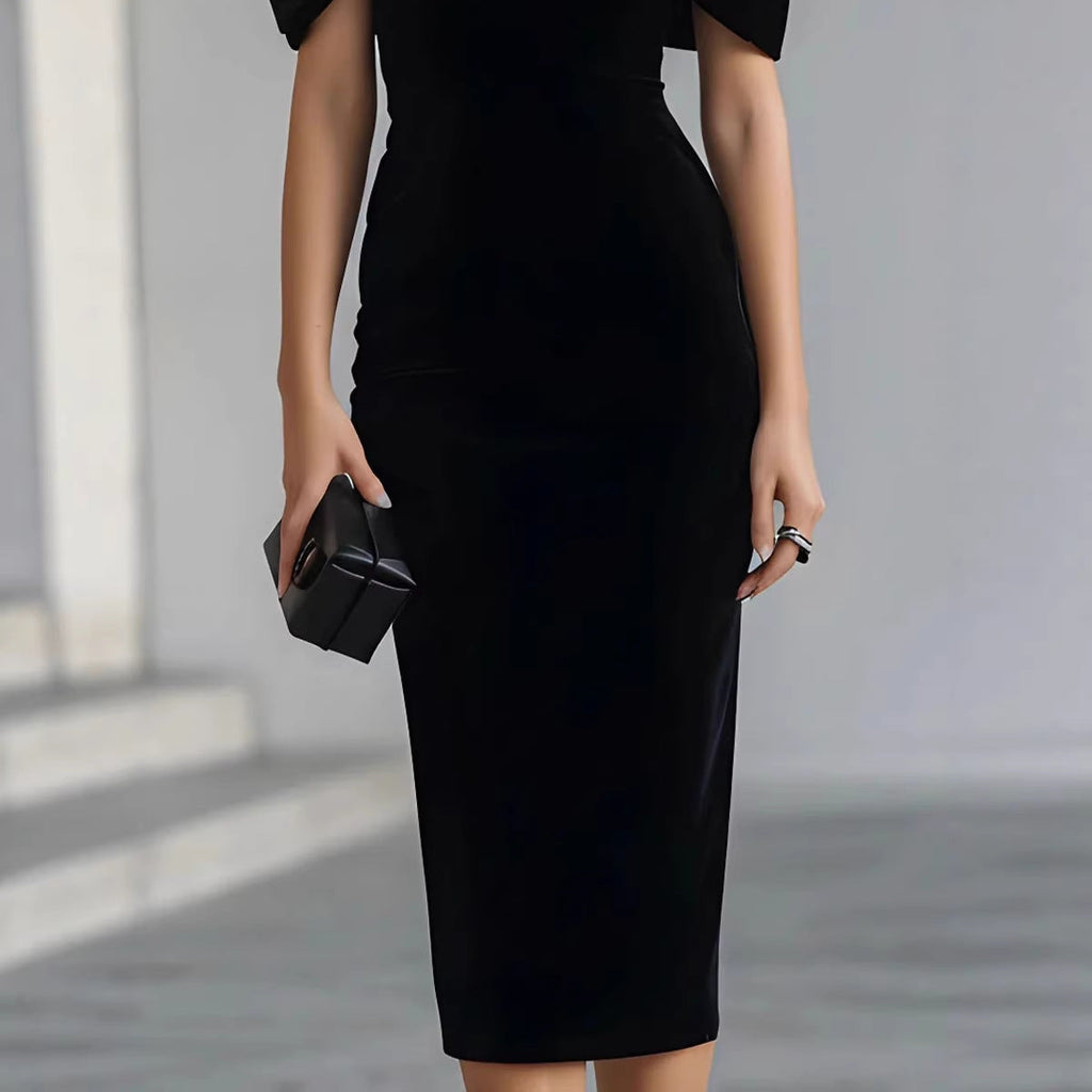 One-Shoulder Velvet Gold Thread Dress – Elegant Midi Dress in Black & Red