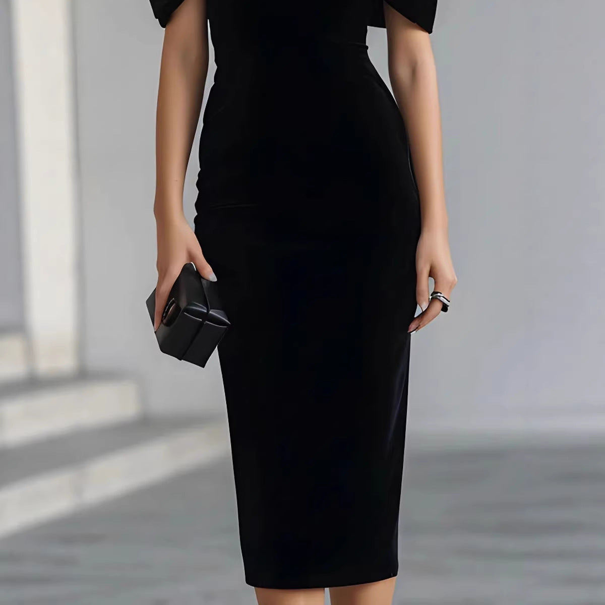 One-Shoulder Velvet Gold Thread Dress – Elegant Midi Dress in Black & Red
