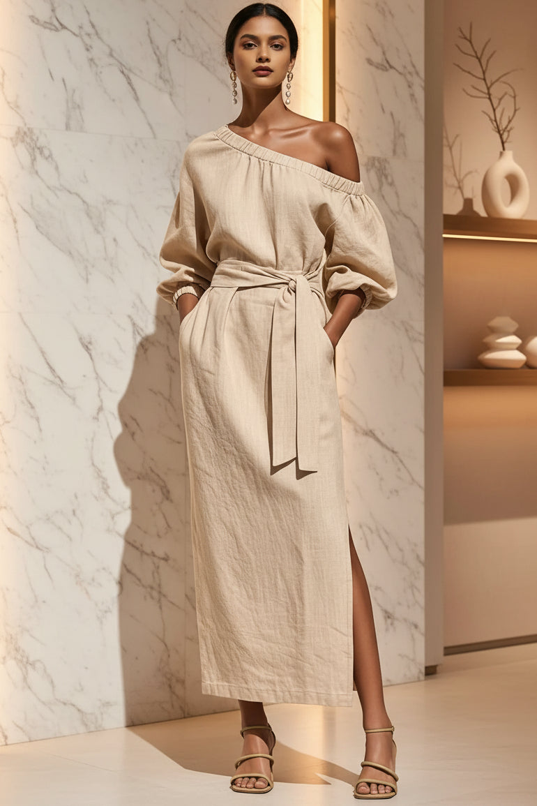 Women's Asymmetric Neck Linen Maxi Dress – Belted with Side Slit & Pockets