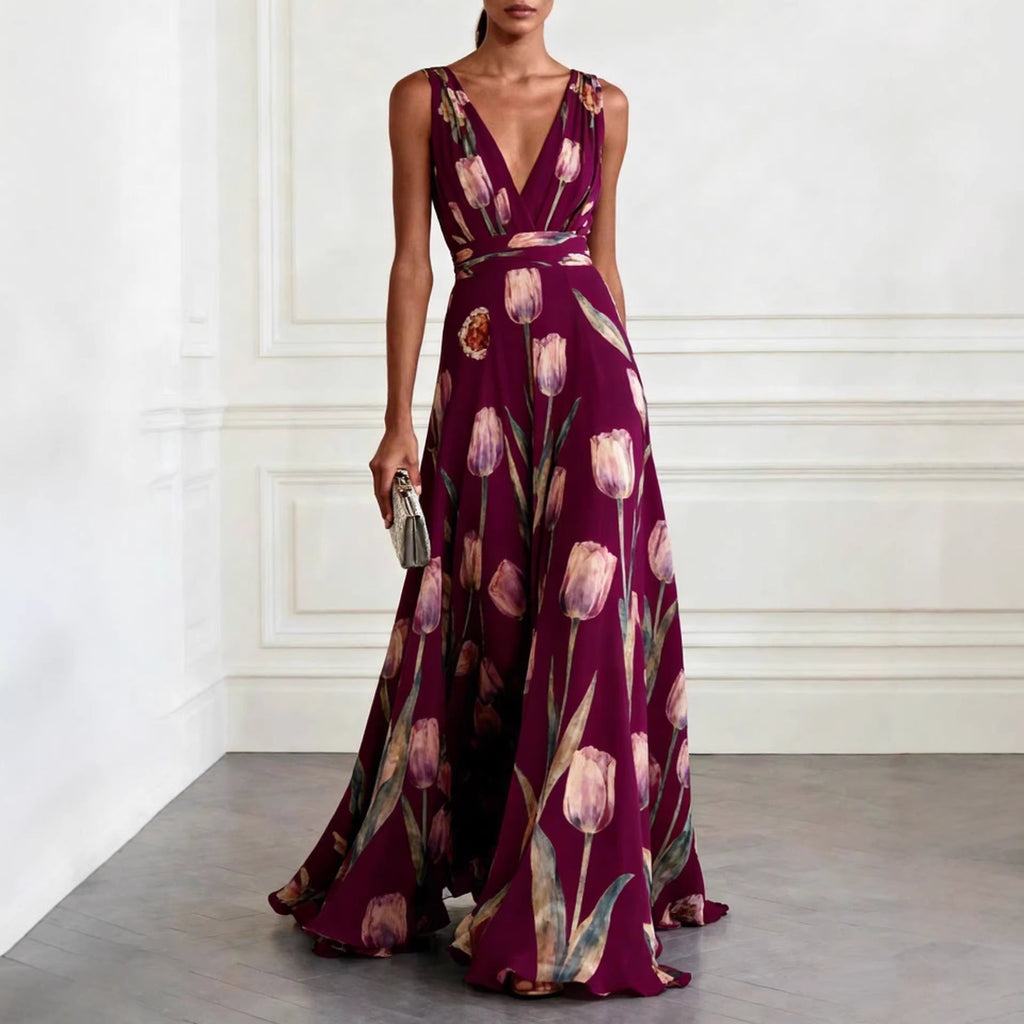 Tulip Print V-Neck Sleeveless Maxi Dress – Floral Chiffon