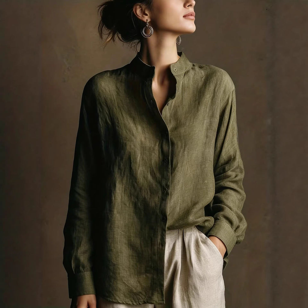 Women's Loose Cotton Linen Long Sleeve Shirt — Flip Collar