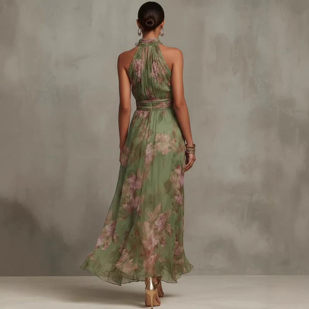 Green Graffiti Print Mesh Suspender Maxi Dress – High-Waist Irregular Slit Streetwear Dress