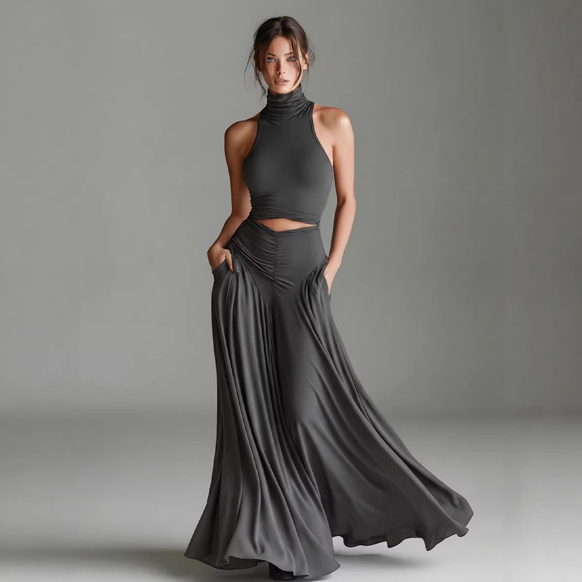 Women's Sleeveless High-Neck Top & Elegant Long A-Line Dress Two-Piece Set