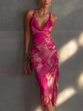 Carmine Red Backless Halter Maxi Dress – Printed High-Slit Slim-Fit Long Dress for Women