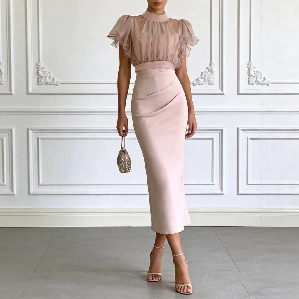 Pink Mesh Lace-Up Waist Two-Piece Dress Set – Elegant Long Skirt & Top