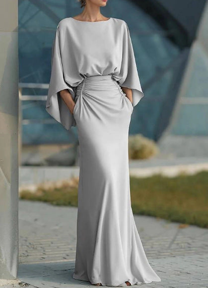 Women's Elegant Backless Pleated Batwing Sleeve Maxi Dress — Silver Mermaid Gown