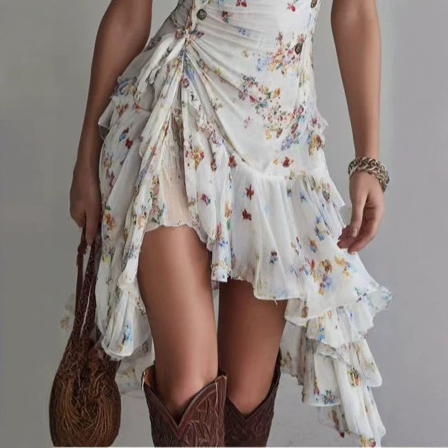 Chiffon Floral Print V-Neck Lace-Up Ruffled Dress – Women's Slim Fit Asymmetric Hem