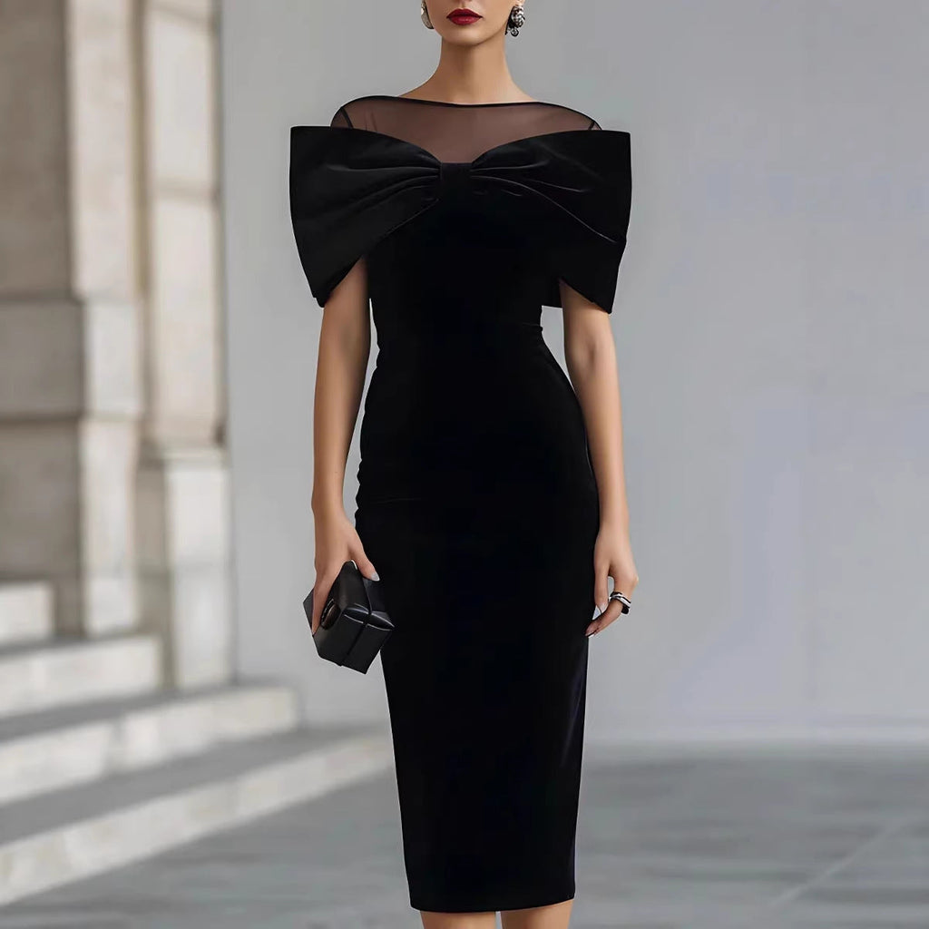 One-Shoulder Velvet Gold Thread Dress – Elegant Midi Dress in Black & Red