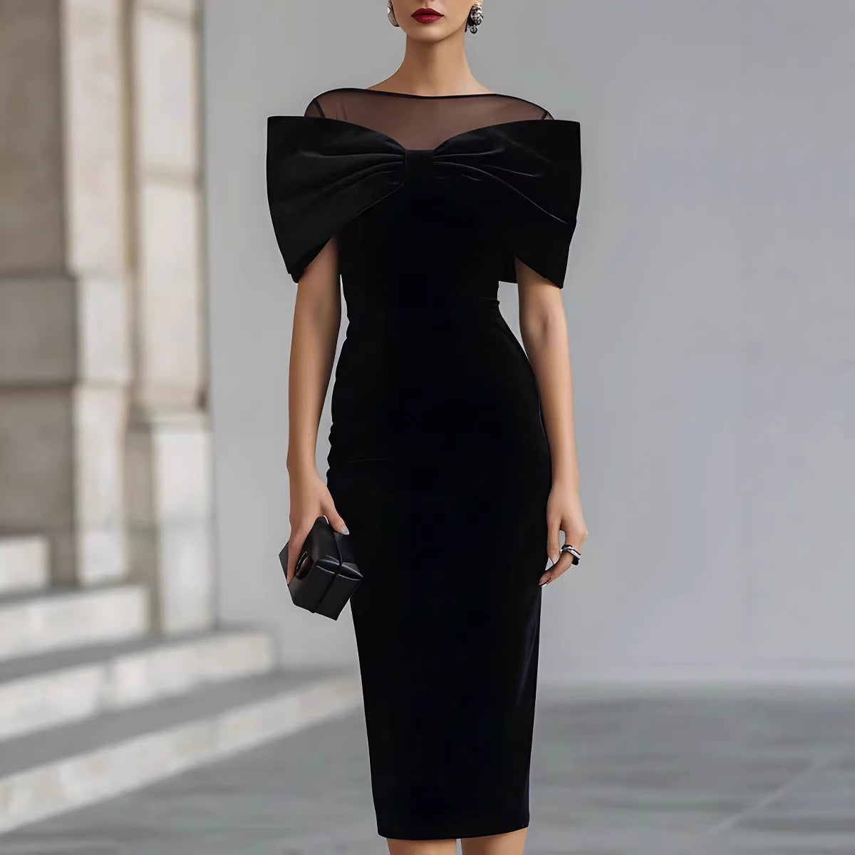One-Shoulder Velvet Gold Thread Dress – Elegant Midi Dress in Black & Red