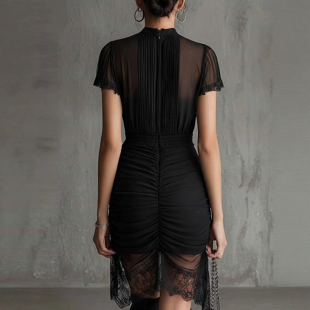 Black Lace Patchwork Slit Midi Dress – Slim-Fit High-Waist See-Through Dress for Women