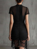 Black Lace Patchwork Slit Midi Dress – Slim-Fit High-Waist See-Through Dress for Women