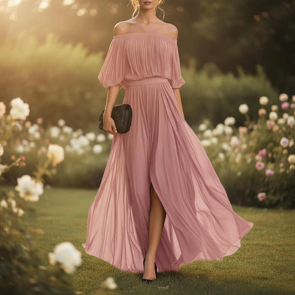 Women's One-Shoulder Ruffle Sleeve Chiffon Maxi Dress | Side Split High Waist Dress in 3 Colors