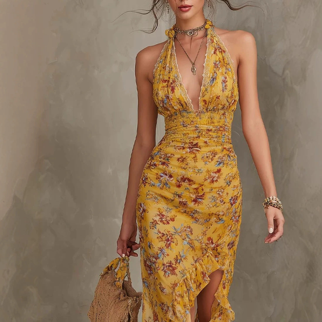 Women's Halter Neck Deep V Floral Maxi Dress | Ruffle Split Waist-Cinching Boho Dress