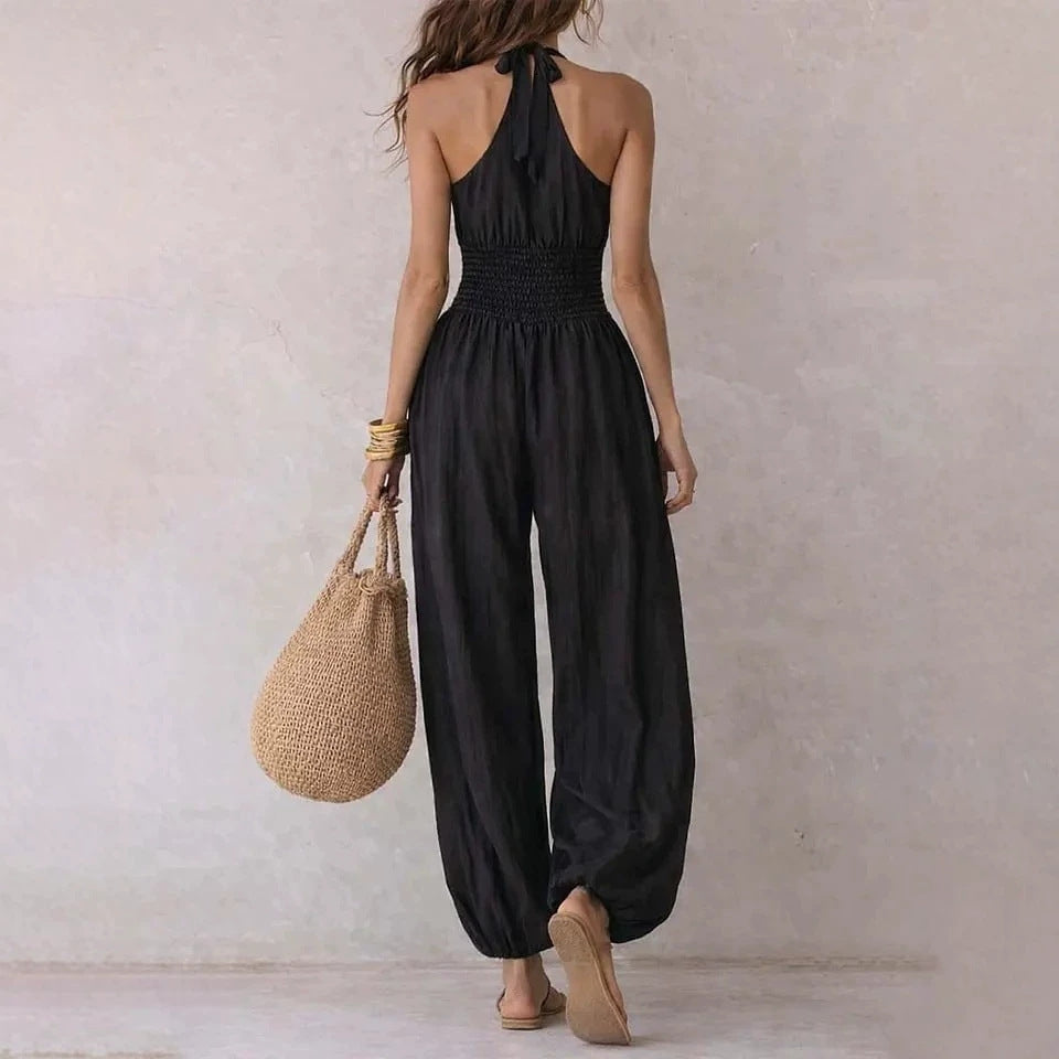 Women's Halter Neck Sleeveless Jumpsuit | Slim Casual Wide-Leg Jumpsuit in Black