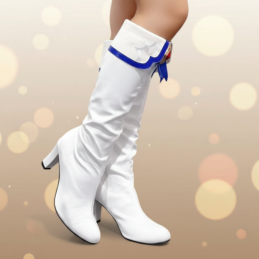 Women's White Knee-High Block Heel Boots – Slouch Shaft & Jewel Trim