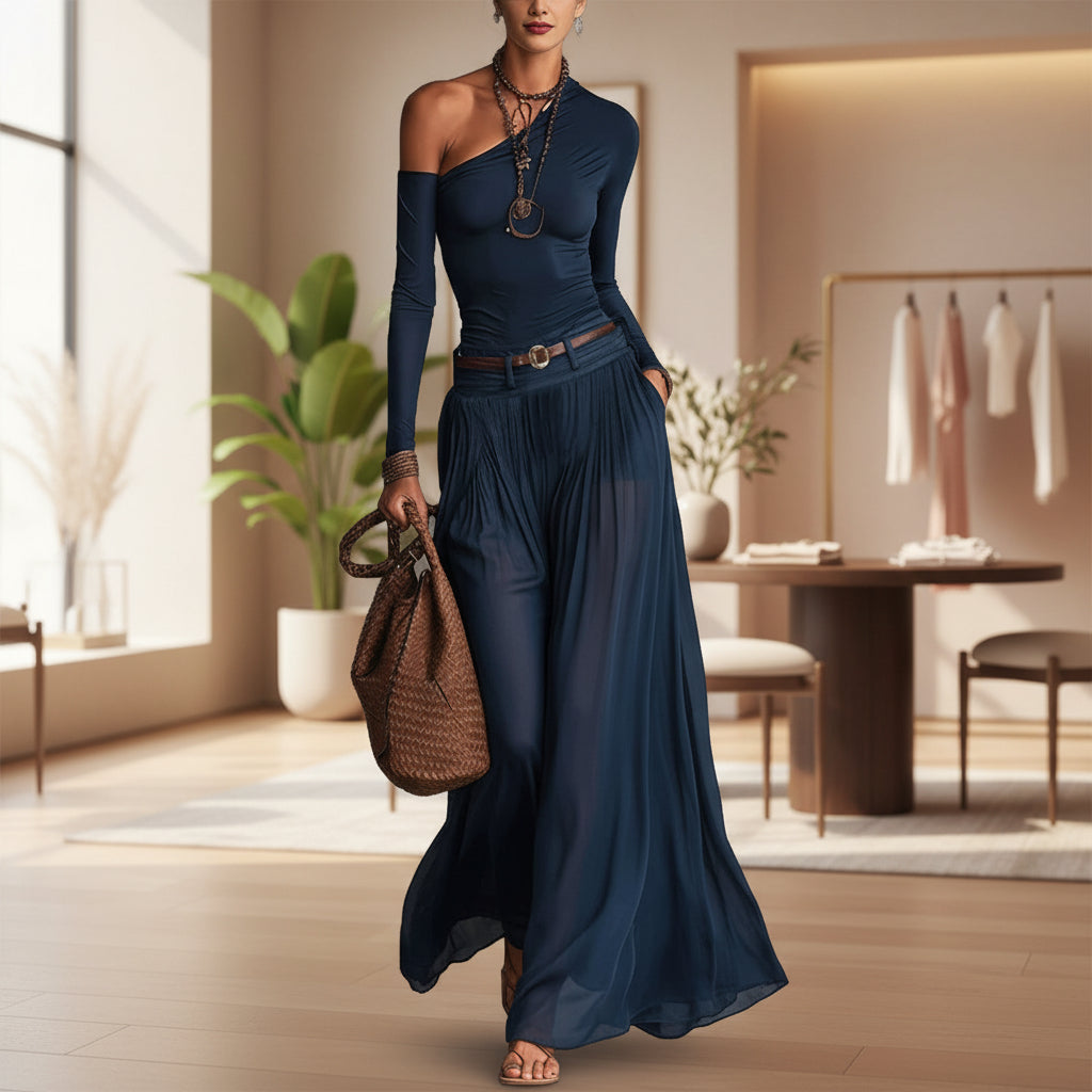 Asymmetrical Shoulder Long Sleeve Dress Set – Belted A-Line Maxi Dress