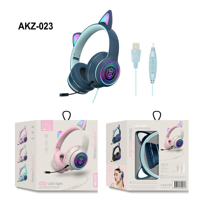 AKZ-023 Nuevos auriculares con cable y orejas de gato luminosas RGB USB con tarjeta de sonido para juegos y aprendizaje