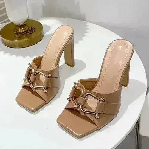 Zapatos de tacón alto de mujer de verano con punta cuadrada y tacón plano cuadrado con meta