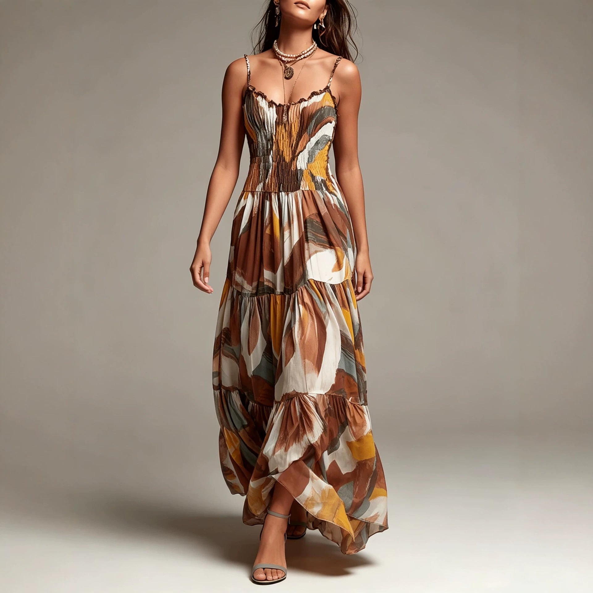 Brown Spaghetti Strap Pleated Waist Maxi Dress with Pockets