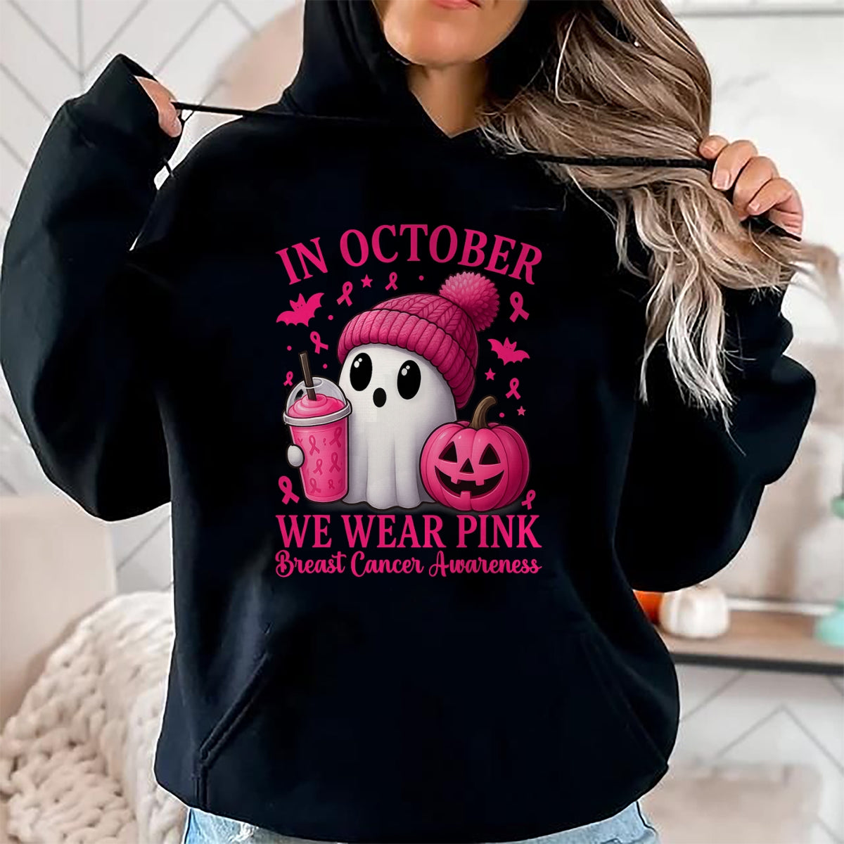 Camiseta de Halloween para mujer con diseño de concienciación sobre el cáncer de mama en octubre, usamos rosa, camiseta/sudadera con capucha unisex de Halloween - NGHL00