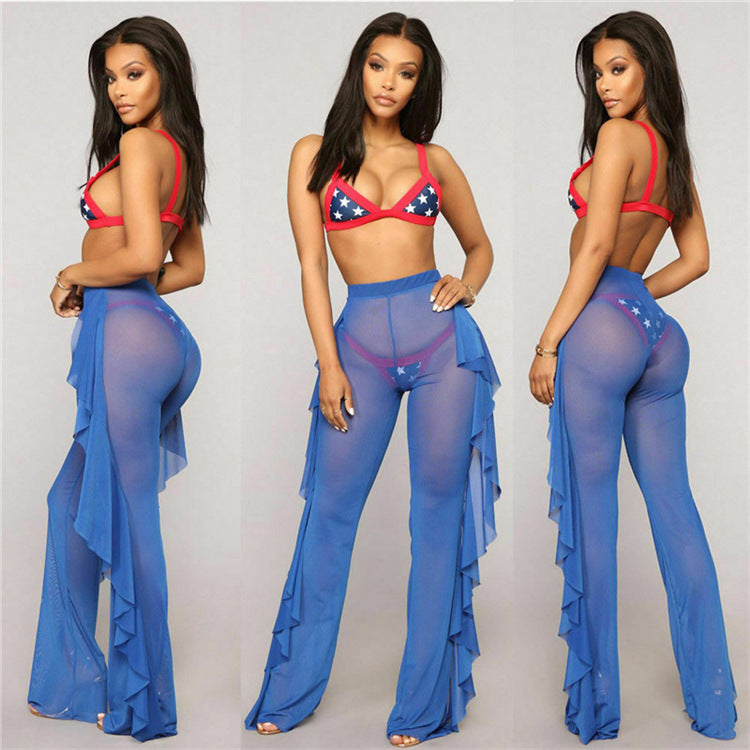 Pantalón Casual Sexy de Hilo con Volantes Unicolor Transparente para Mujer, para Vacaciones en la Playa