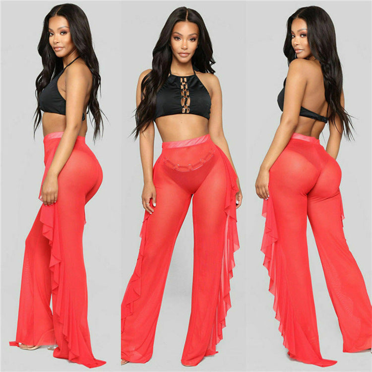 Pantalón Casual Sexy de Hilo con Volantes Unicolor Transparente para Mujer, para Vacaciones en la Playa