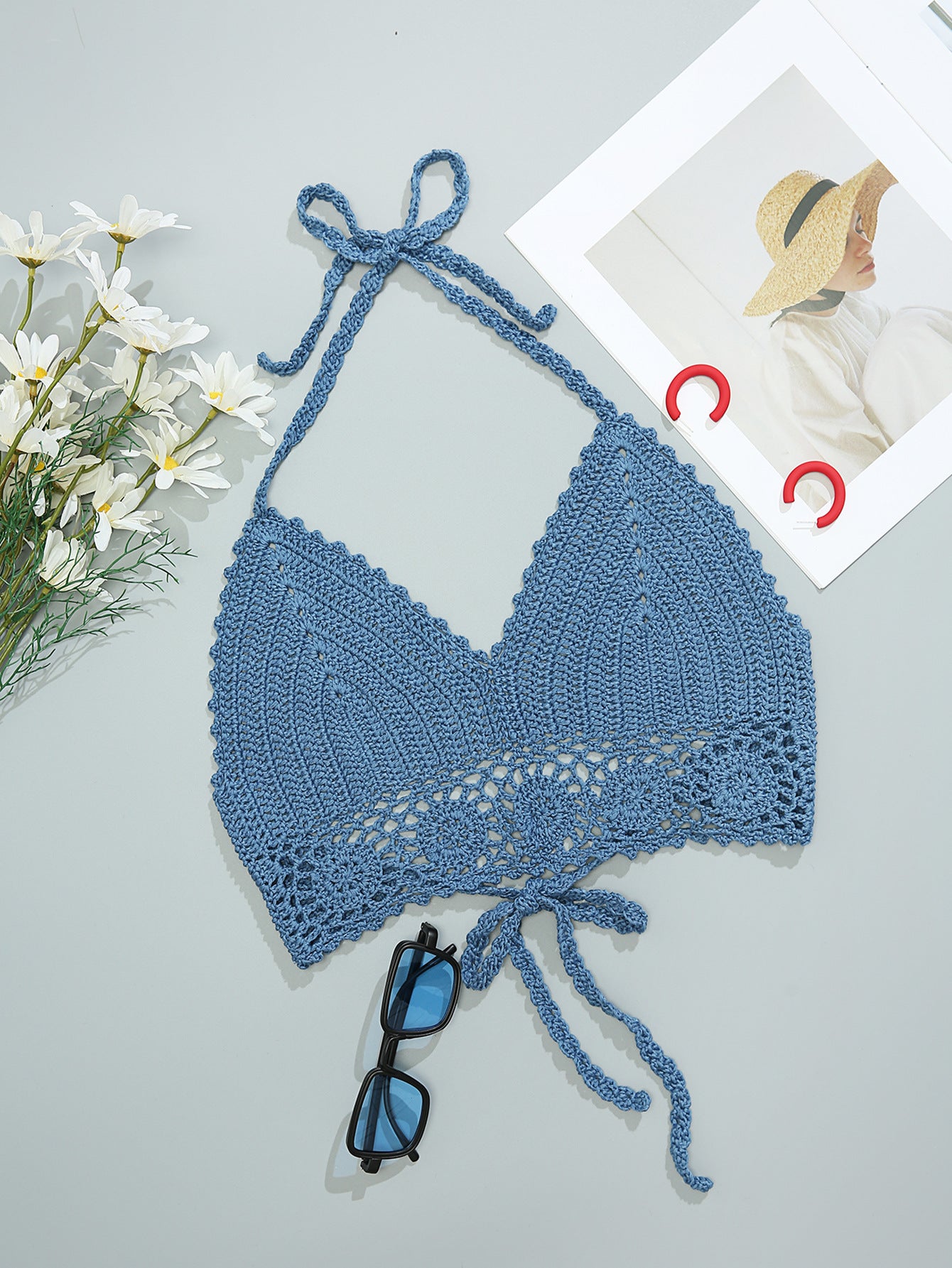Top de bikini tipo halter con tiras de punto hecho a mano a ganchillo, sexy, sin espalda, sujetador, traje de baño, ganchillo