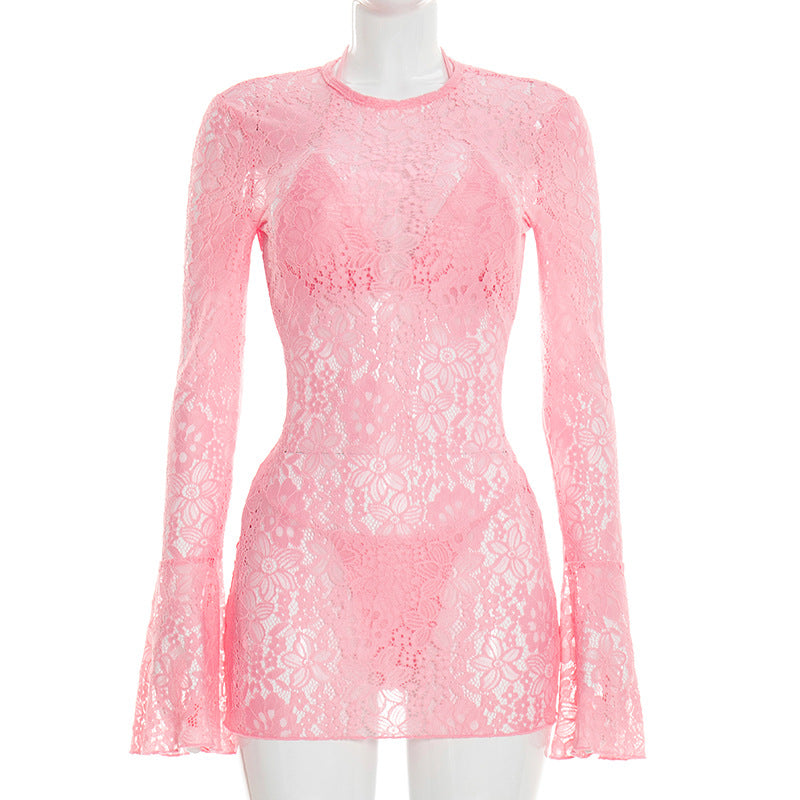 Traje de baño de tres piezas para mujer: top de bikini triangular, bañador y vestido de manga larga de encaje para playa.