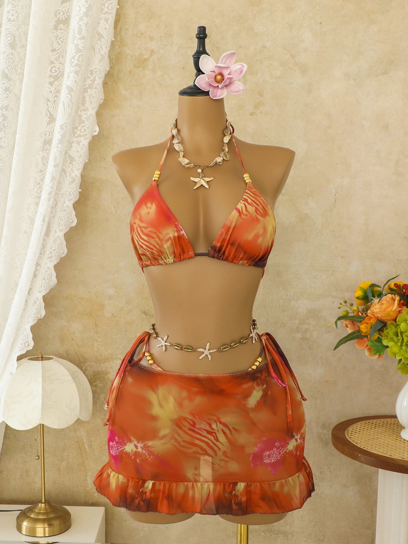 Traje de baño sexy para mujer, bikini dividido, bikini bohemio, conjunto de tres piezas, traje de baño