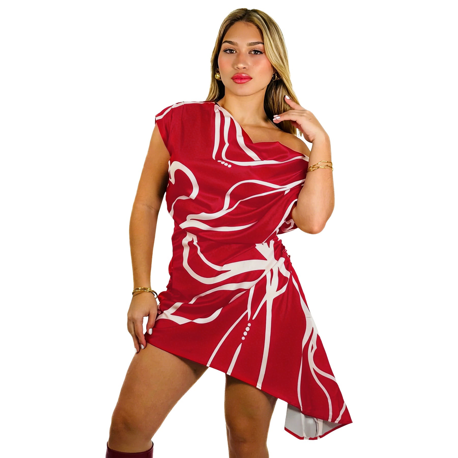 Vestido corto con estampado de rayas para mujer, con hombros descubiertos