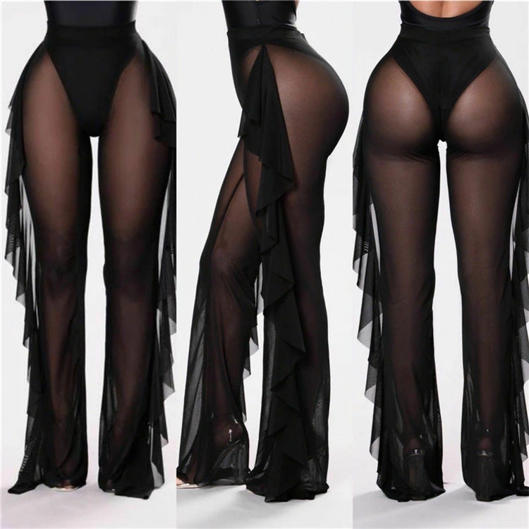 Pantalón Casual Sexy de Hilo con Volantes Unicolor Transparente para Mujer, para Vacaciones en la Playa