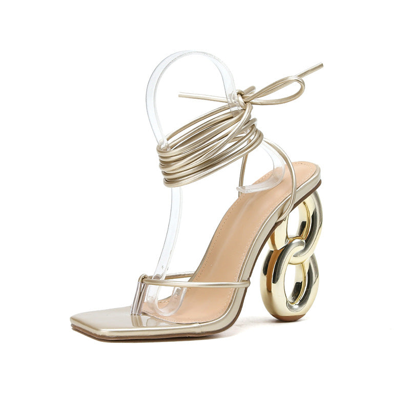 Sandalias de tacón alto elegantes y sexys con punta cuadrada, tacón perfilado, cordones, para mujer, de verano