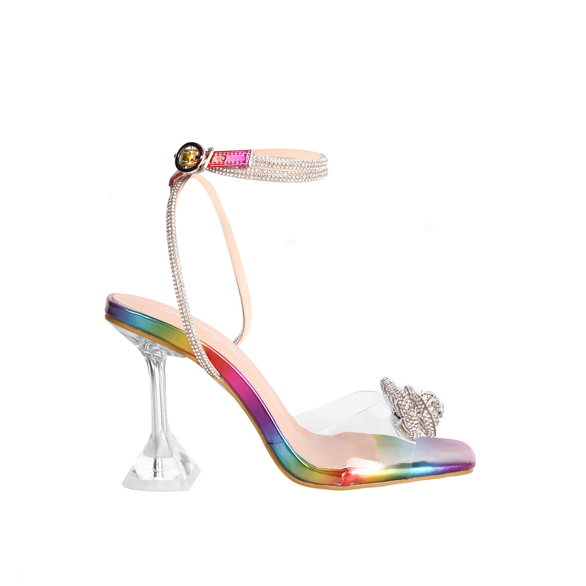 Sandalias de tacón de aguja de color albaricoque con lazo y diamantes de imitación para mujer