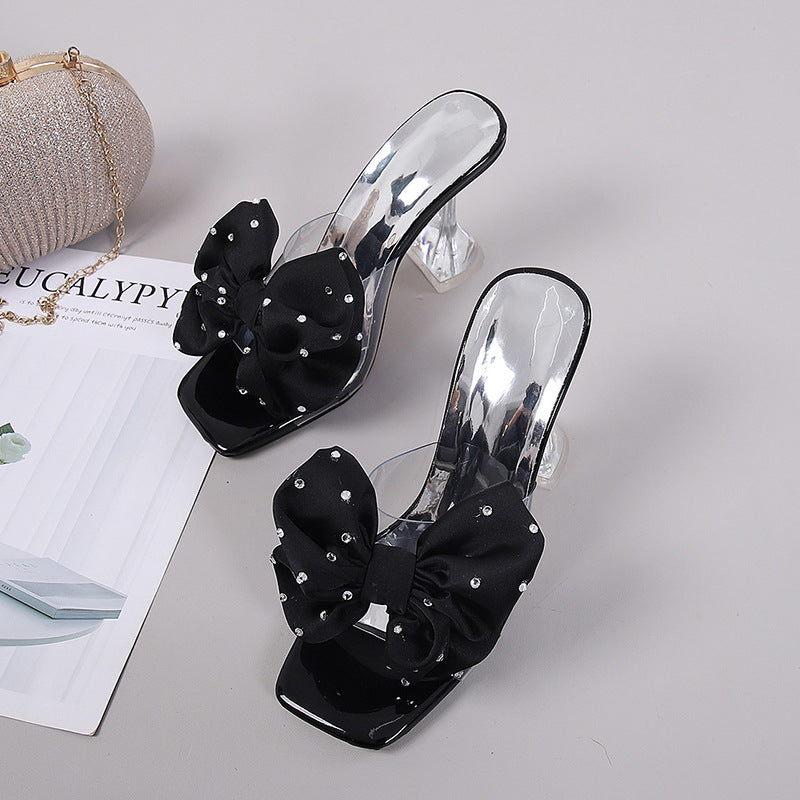 Zapatilla de tacón de aguja transparente para verano, sandalia sexy de punta abierta con tira en el tobillo, talón de copa de vino con pedrería para exteriores