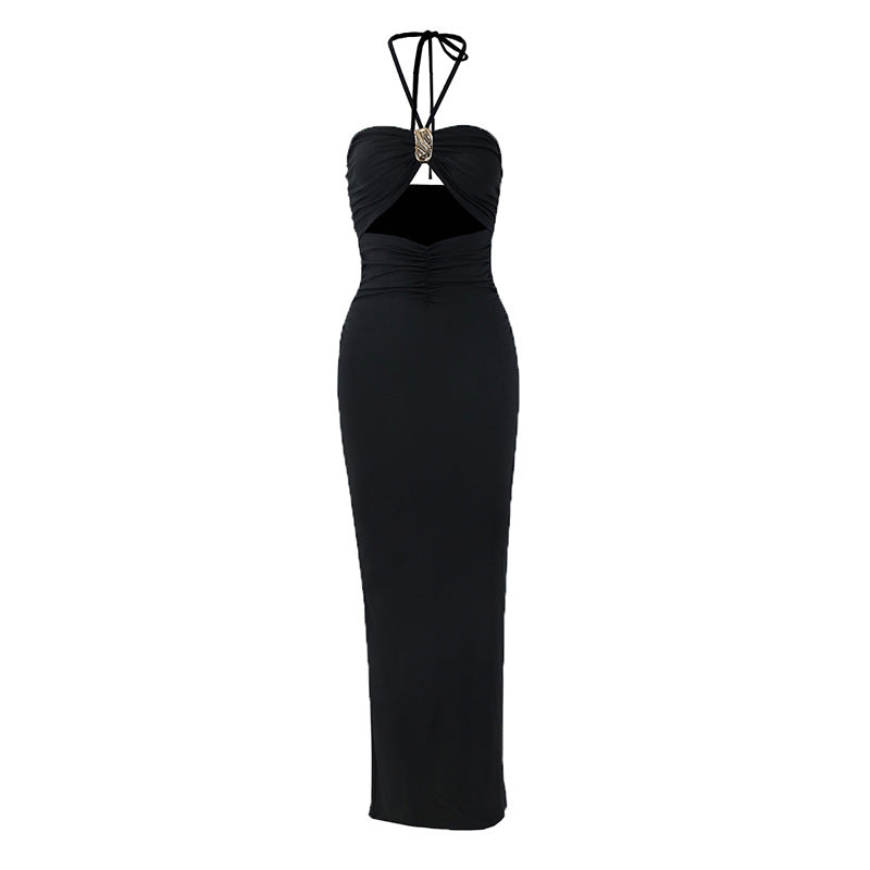 Vestido de verano sexy con cuello halter, decoración tridimensional, ahuecado, con la espalda descubierta y piernas al descubierto para mujer