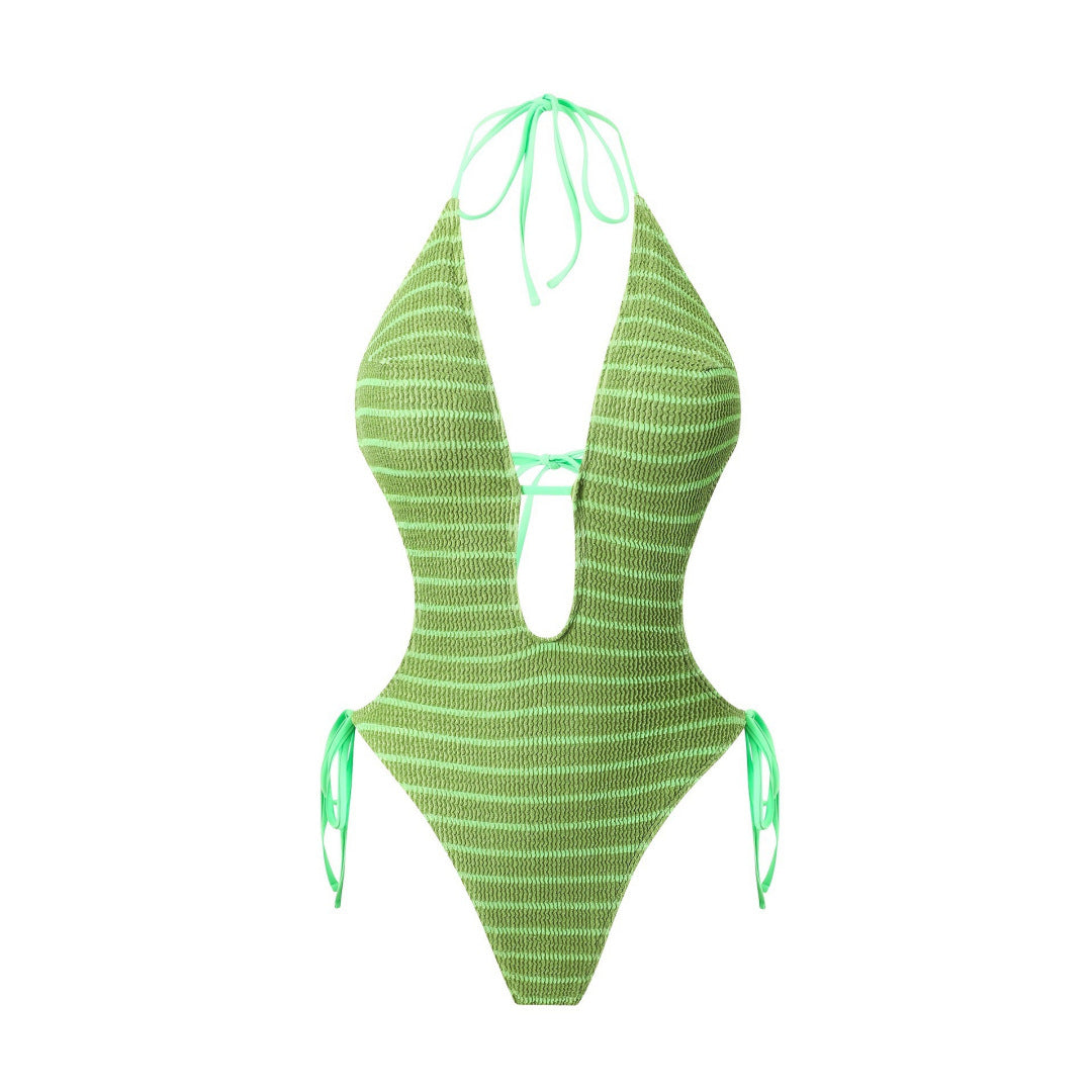 Bikini sexy con escote profundo en V, tiras y espalda descubierta, traje de baño siamés para mujer
